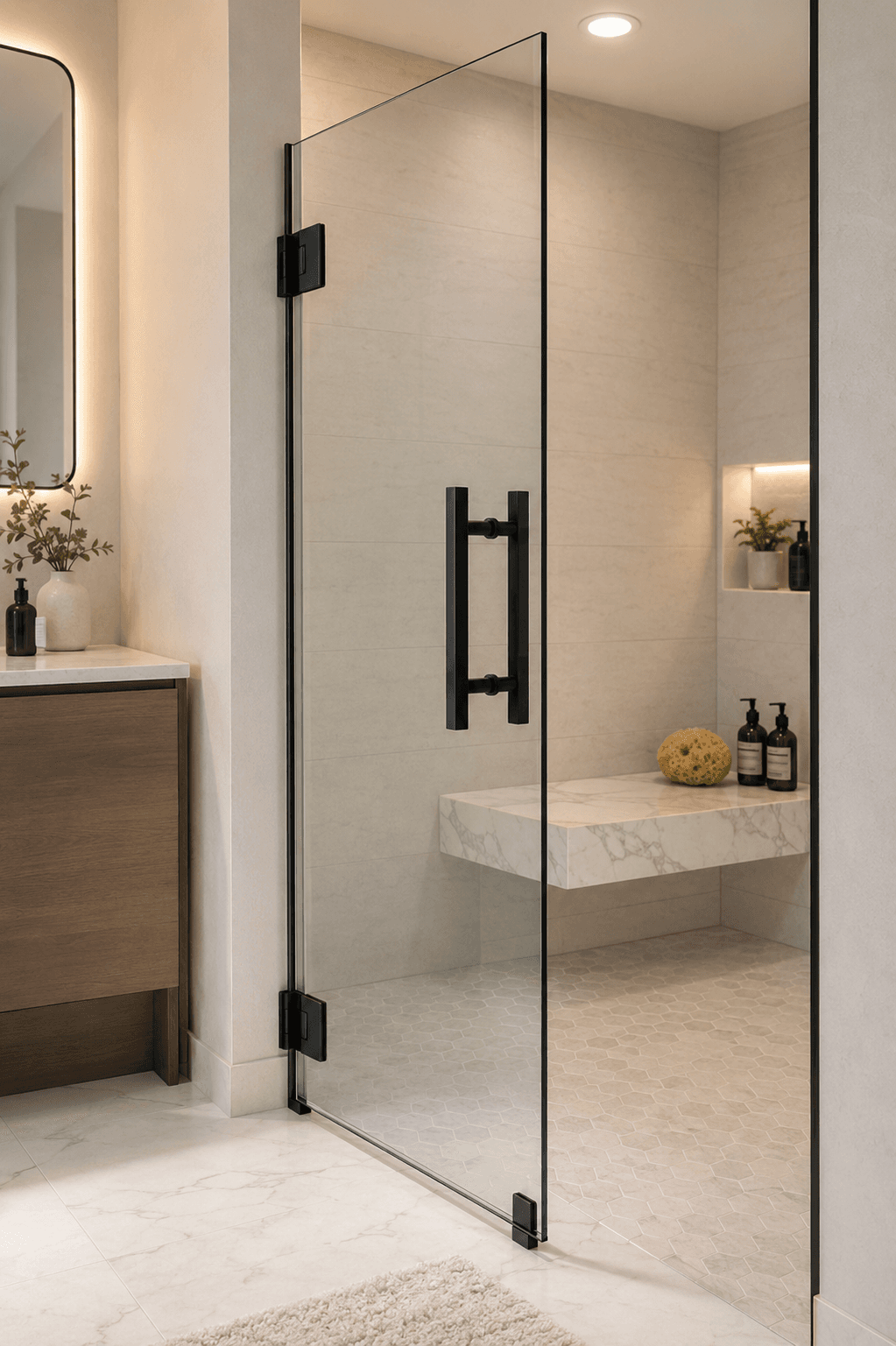 Frameless swinging shower door with black handle and hinges
