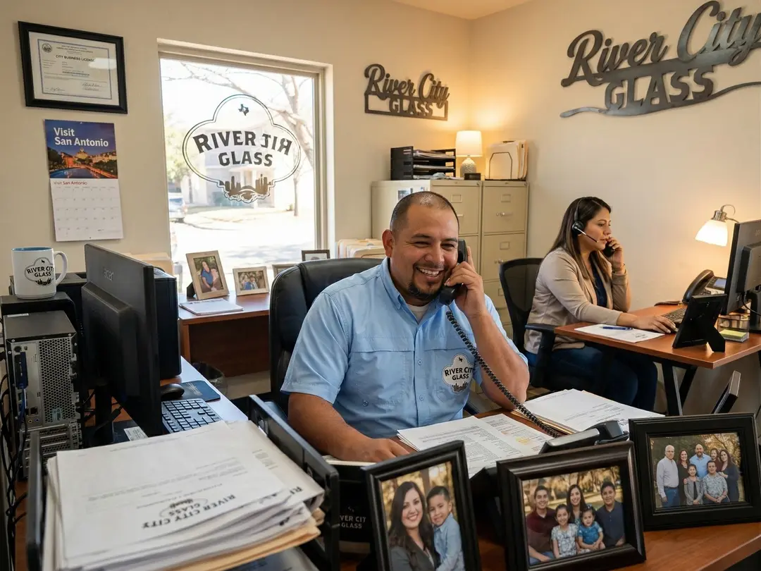Lora Guzman at River City Glass office in San Antonio, Texas