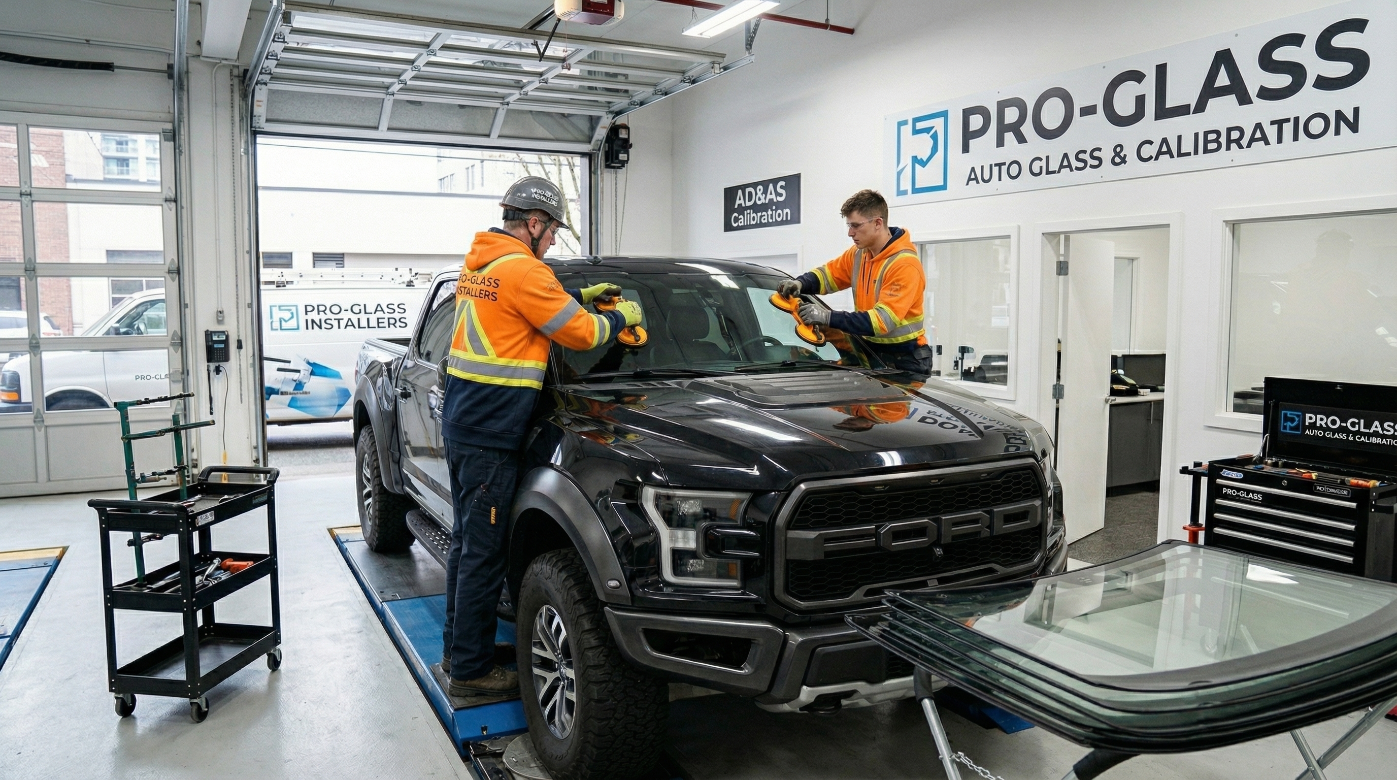 Professional auto glass replacement in a calibration shop